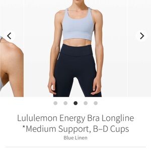 Lululemon Energy Sports Bra Longline in Size 6 and Blue Linen Color